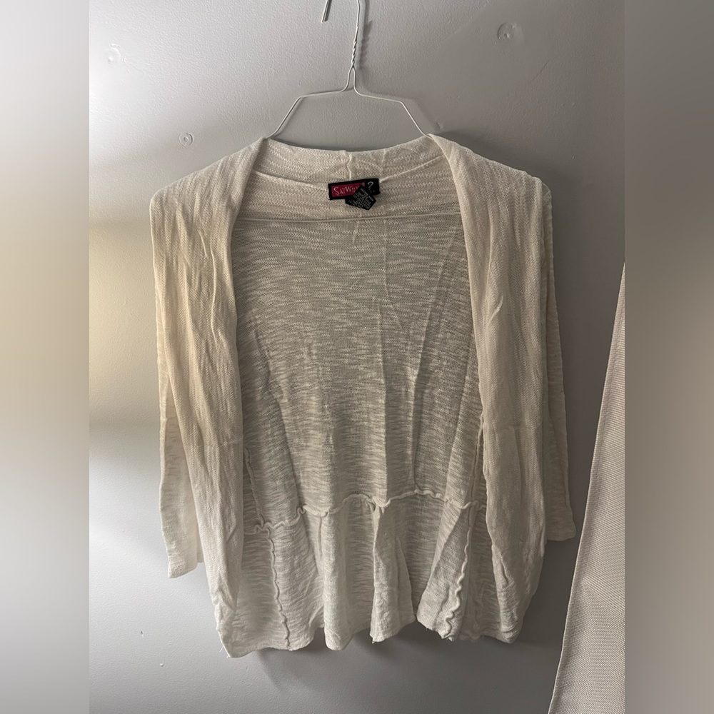 say what? white cardigan